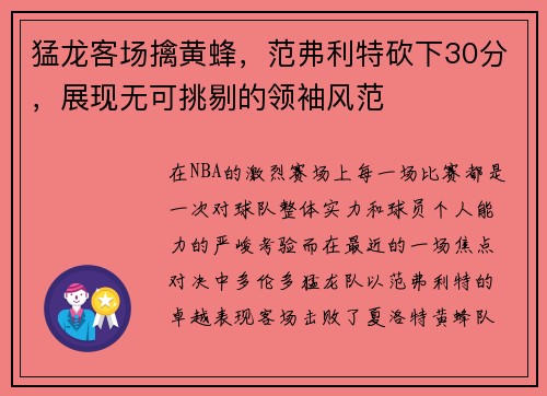 猛龙客场擒黄蜂，范弗利特砍下30分，展现无可挑剔的领袖风范